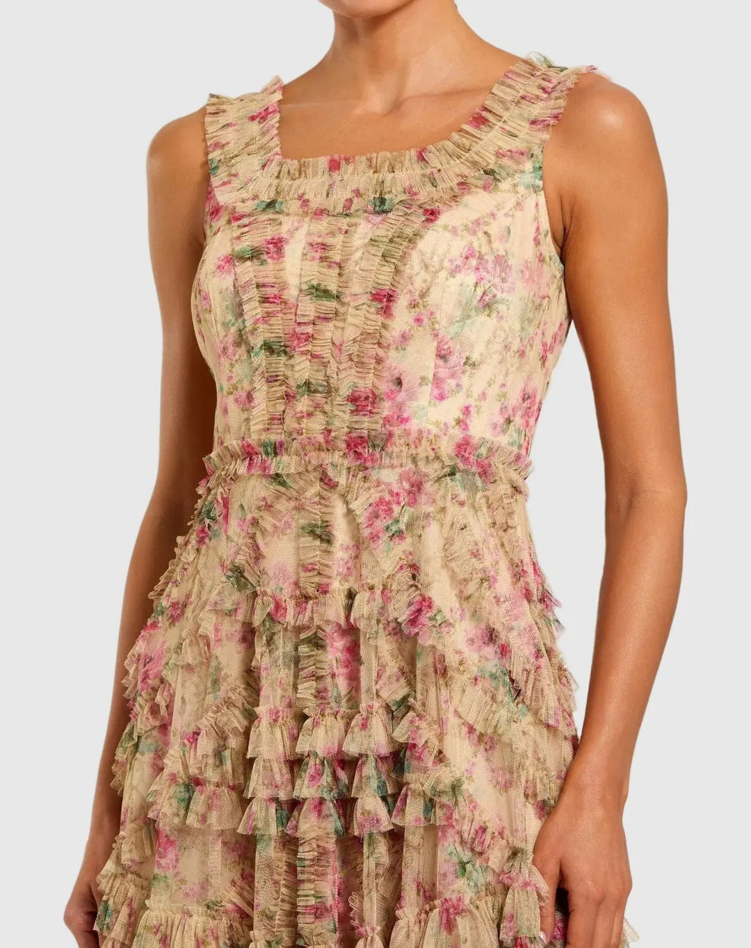 Beige Floral Printed Sleeveless Ruffle Midi Dress - FOSTANI.com