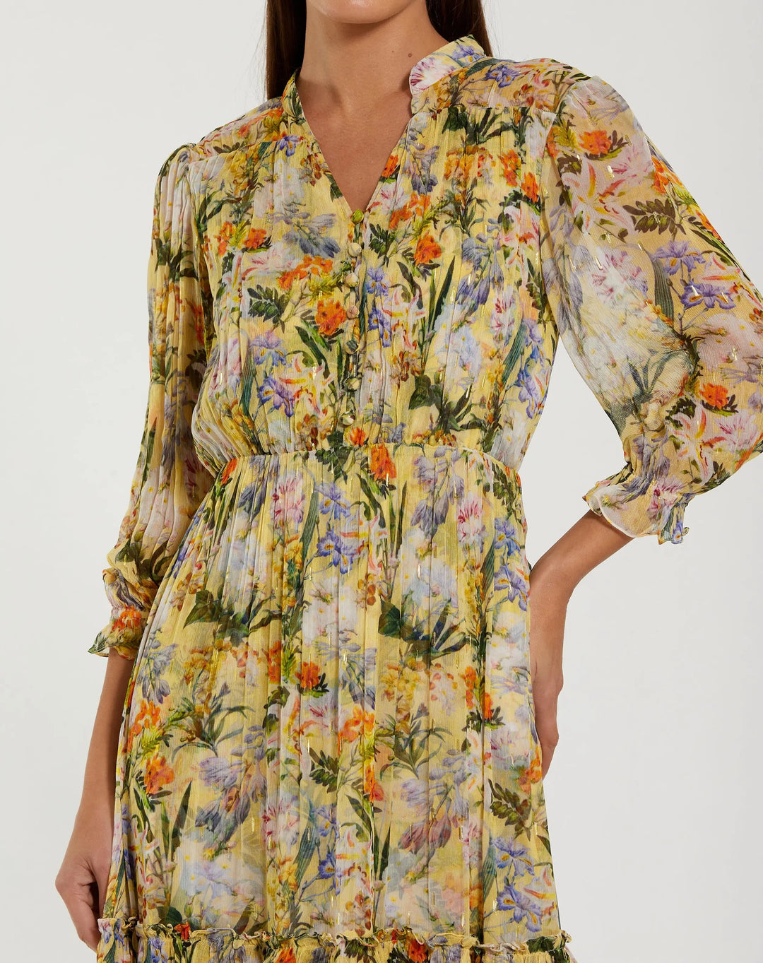 Yellow Floral V Neck Ruffle Midi Dress With 3/4 Sleeves - FOSTANI.com