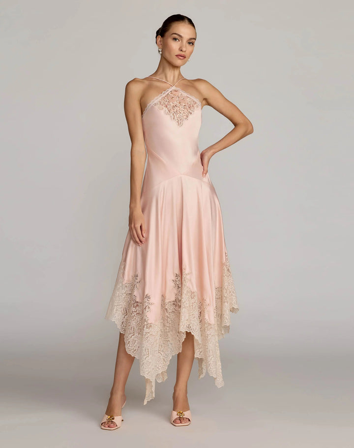 Light Pink Lace Trim Handkerchief Midi Dress - FOSTANI.com