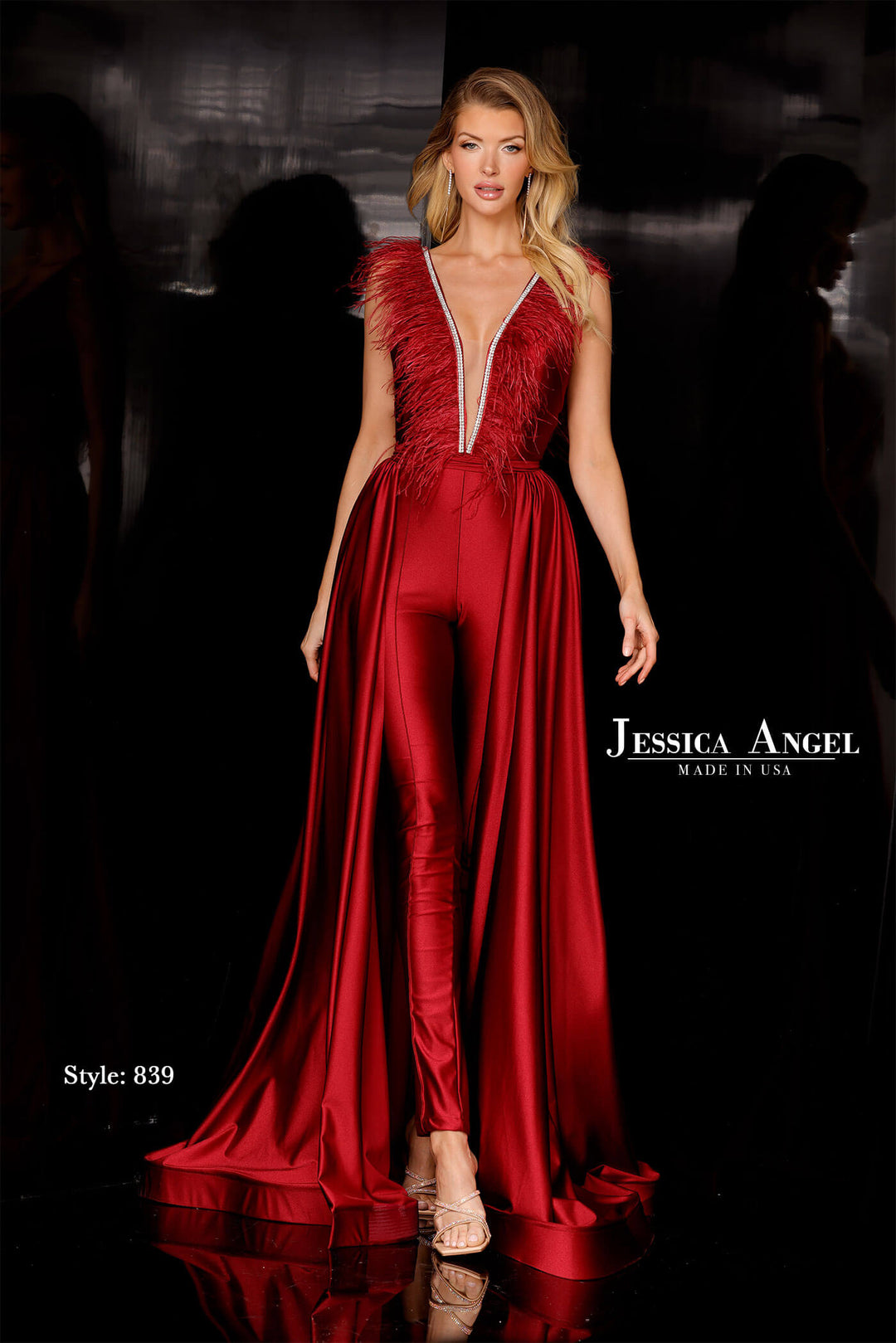 Jessica Angel 839 embellished bodice jumpsuit with overskirt front view