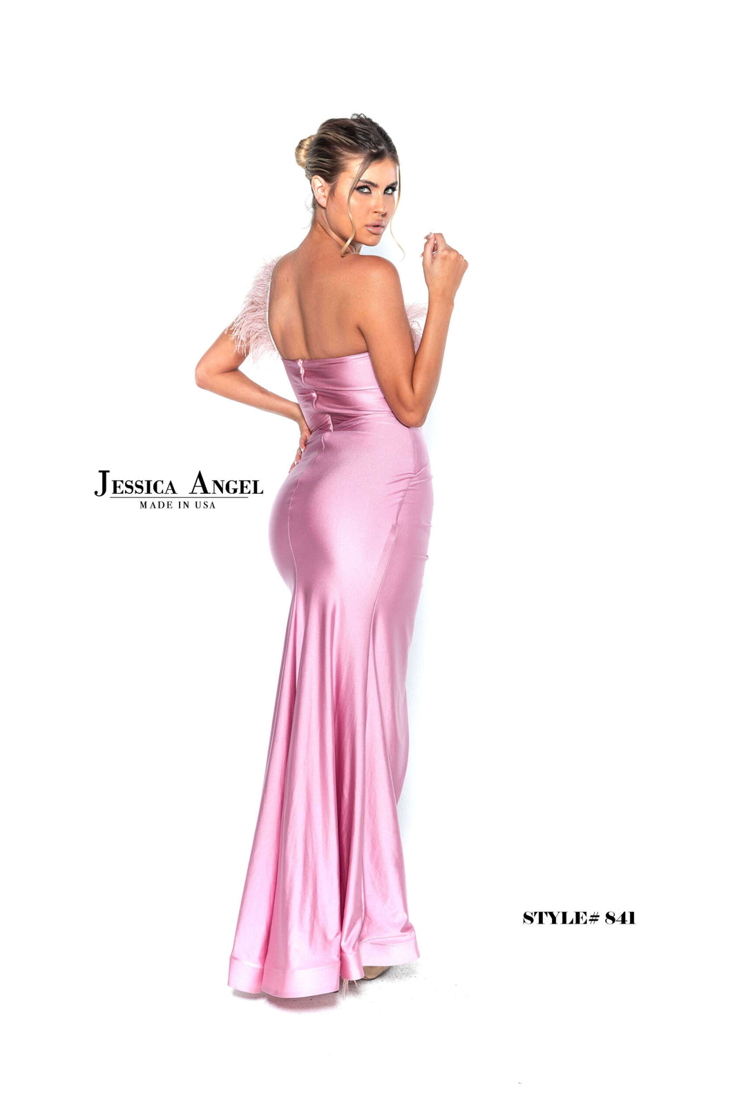 Jessica Angel 841 one shoulder embellished trim jersey gown with slit alternate view 4