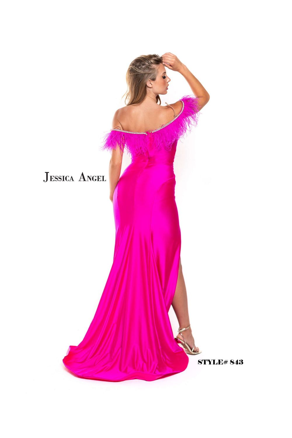 Jessica Angel 843 off shoulder feather trim jersey gown with slit back view