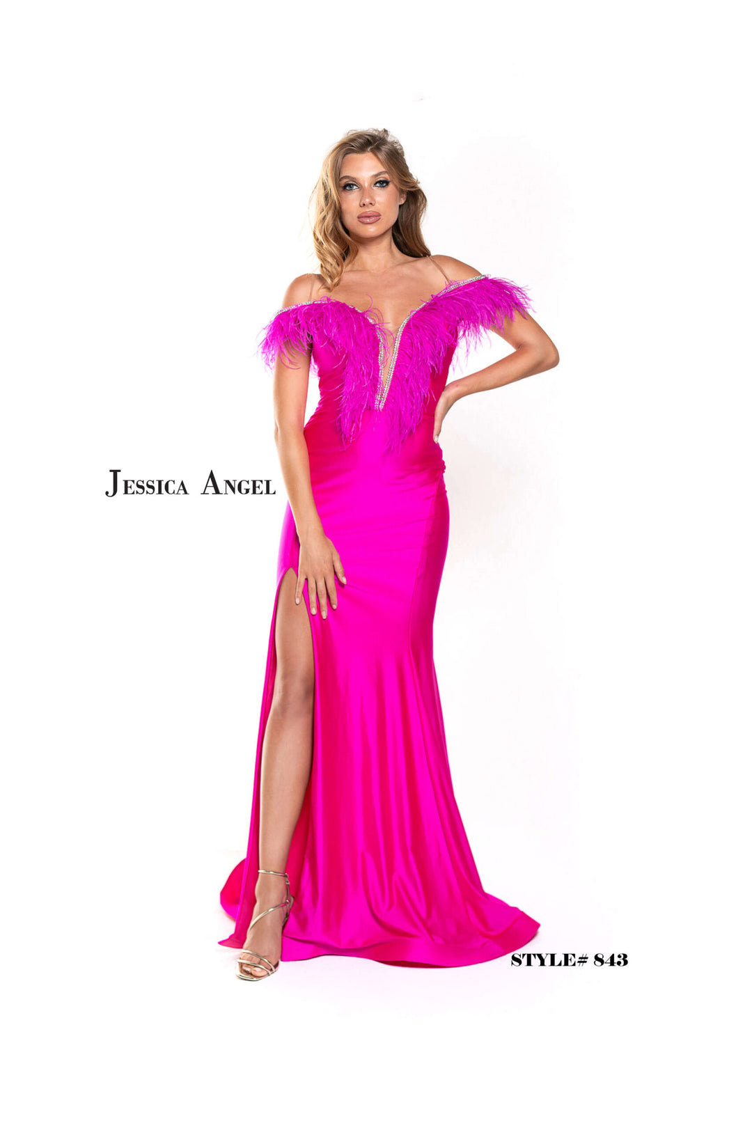 Jessica Angel 843 off shoulder feather trim jersey gown with slit front view