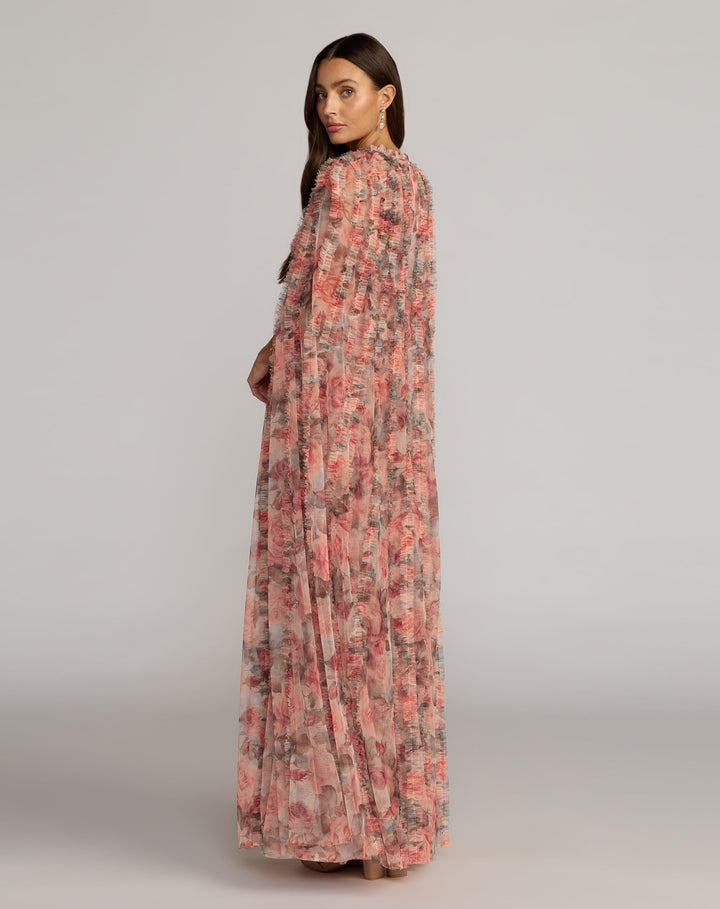 Mac Duggal 8431 Multicolor Floral High Neck Cape Sleeve Ruffle Gown