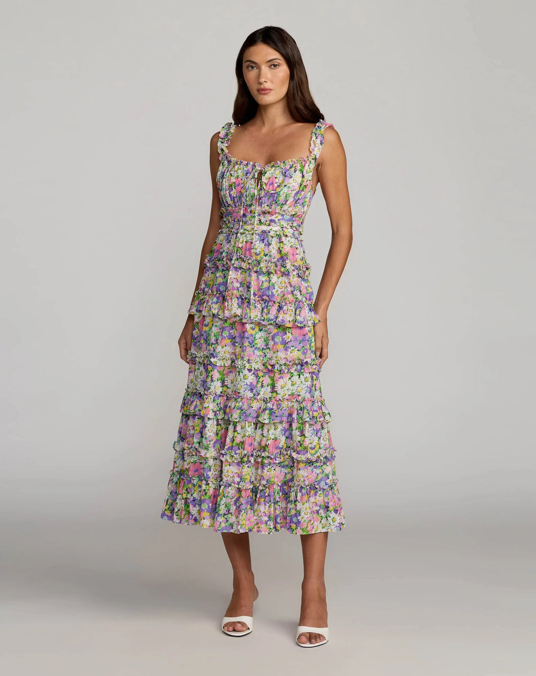 Multicolor Floral Ruffle A-Line Cotton Midi Dress - FOSTANI.com