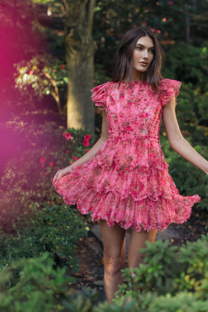 Pink Floral High Neck Cap Sleeve Ruffle Mini Dress - FOSTANI.com