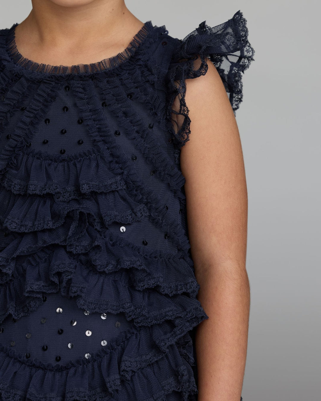 Mac Duggal 8486 Girls Navy High Neck Cap Sleeve Micro Ruffle Dress
