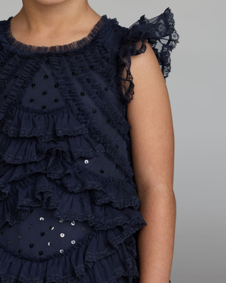 Mac Duggal 8486 Girls Navy High Neck Cap Sleeve Micro Ruffle Dress