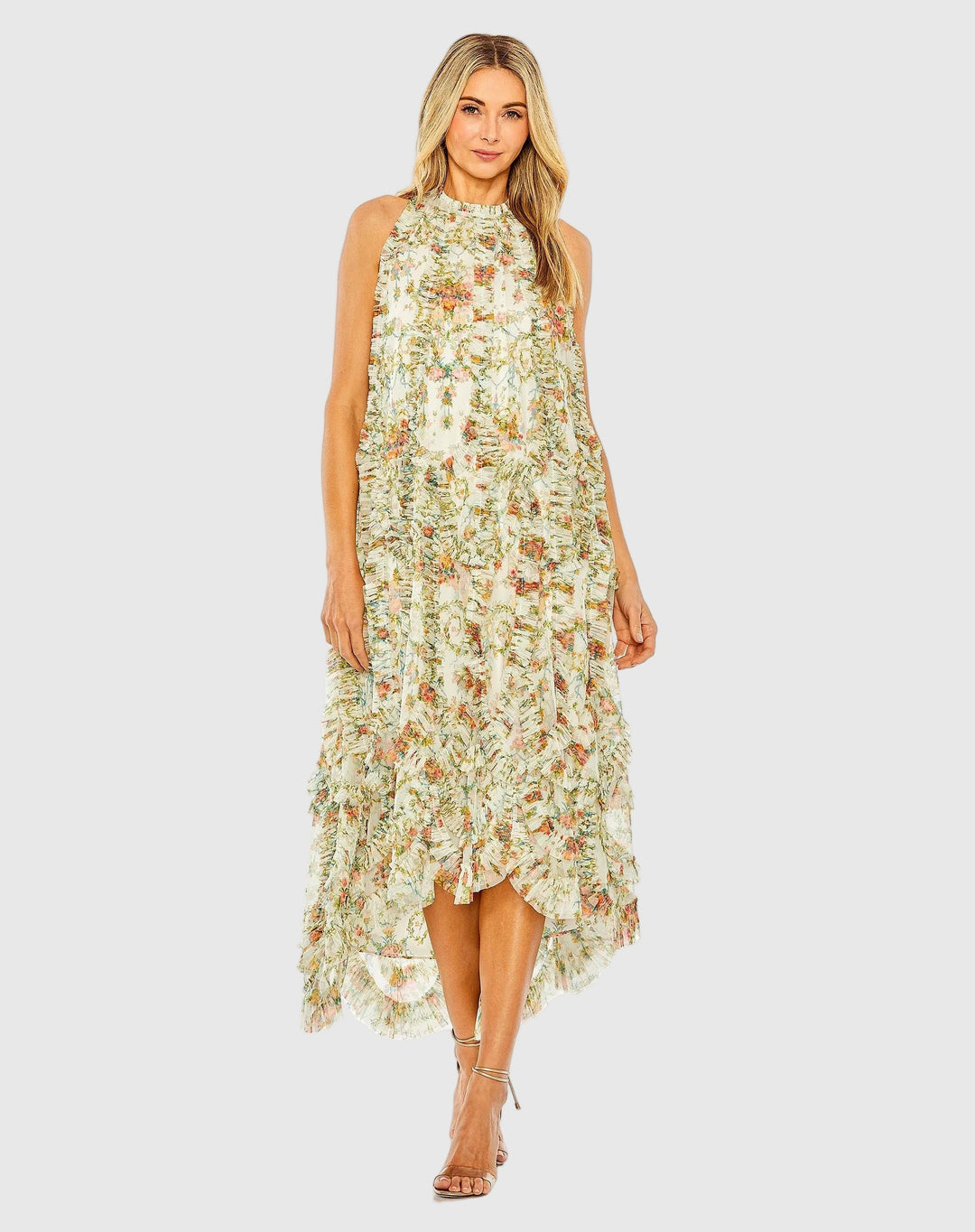 Ivory Sleeveless High Neck Ruffle Floral Dress - FOSTANI.com