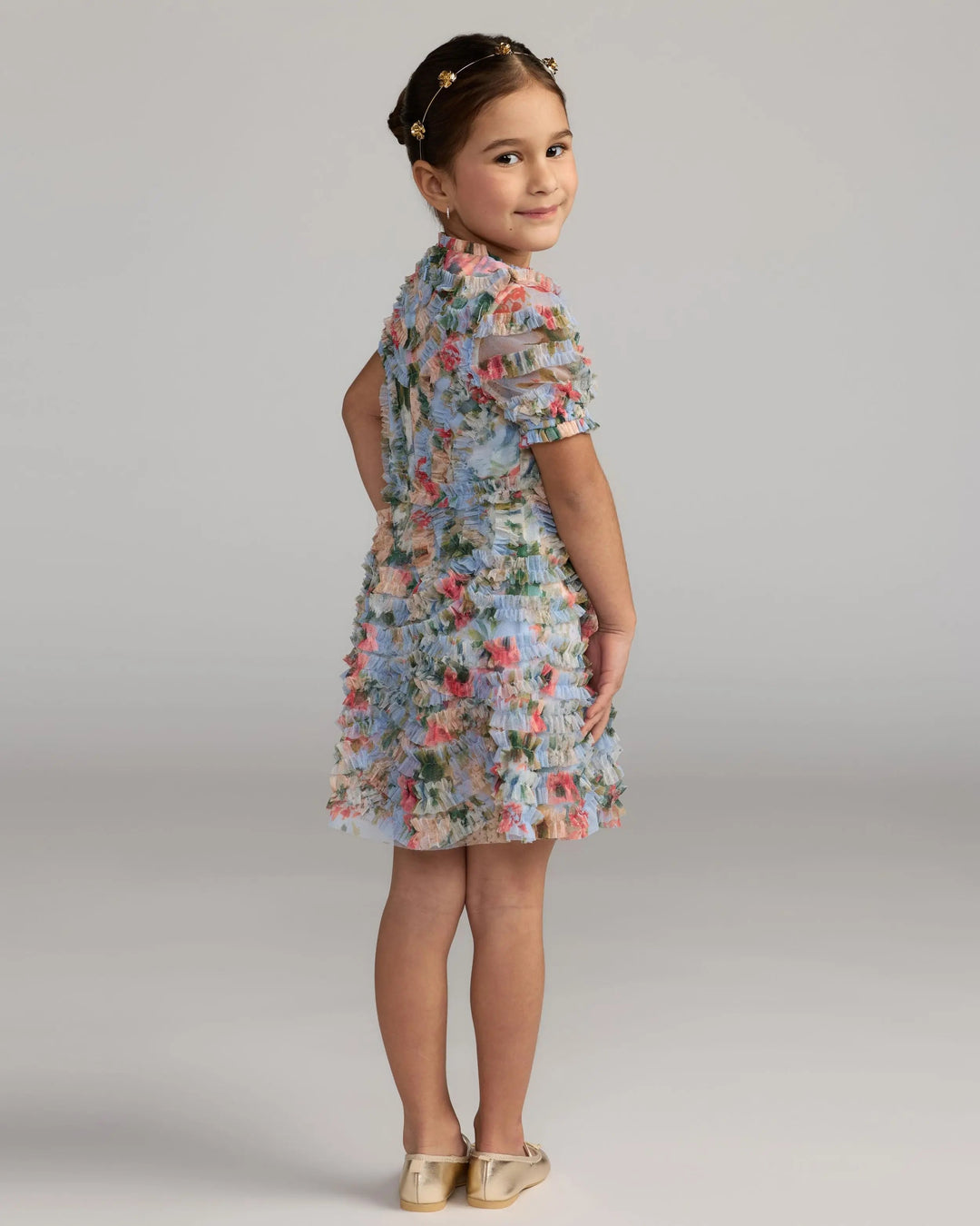 Mac Duggal 8495 Girls Blue Floral Ruffle Puff Sleeve Dress