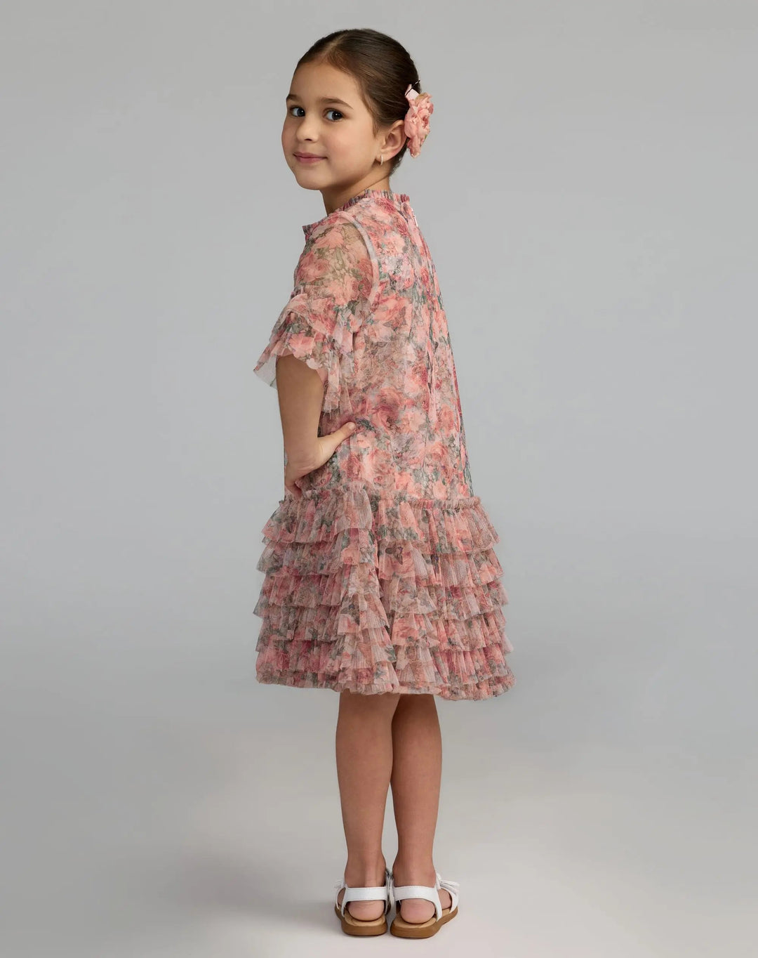 Mac Duggal 8501 Girls Pink Floral Printed Short Sleeve Ruffle Dress