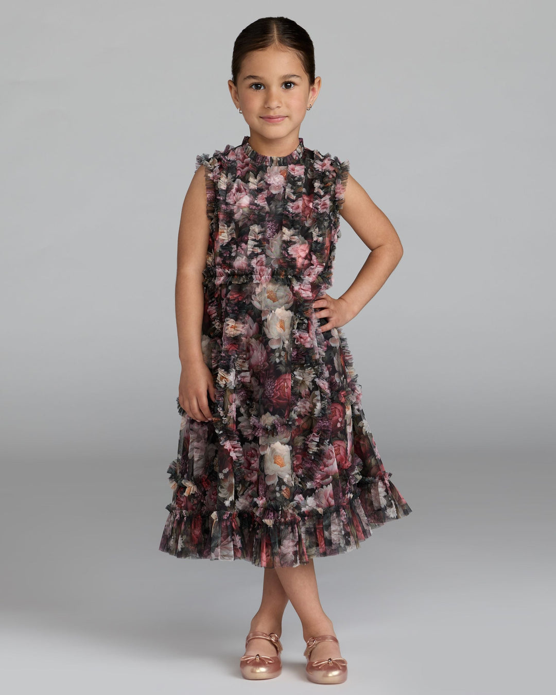 Mac Duggal 8504 Girls Black Floral High Neck Ruffle Dress