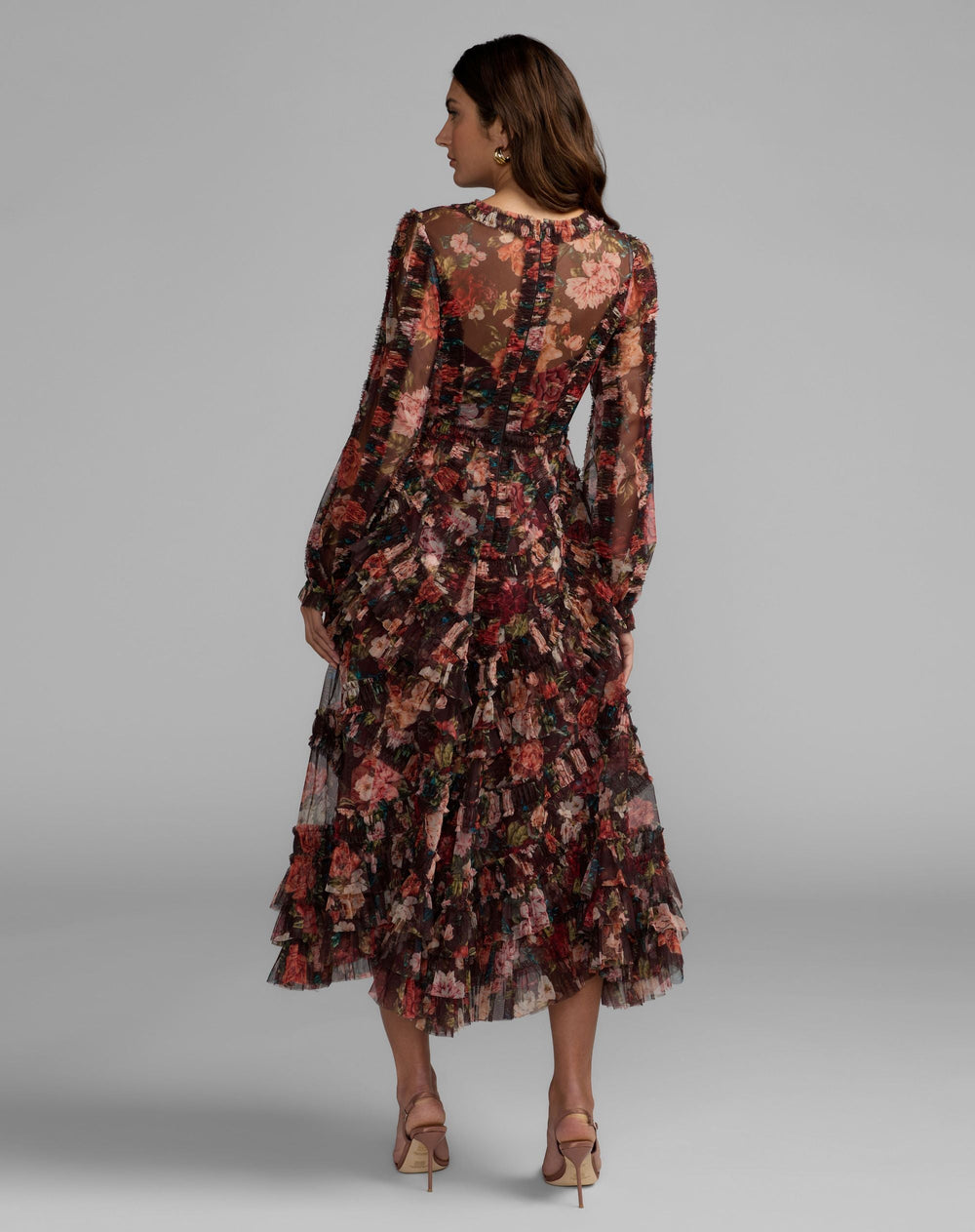 Mac Duggal 8509 Floral Long Sleeve Mirco Ruffle Midi Dress