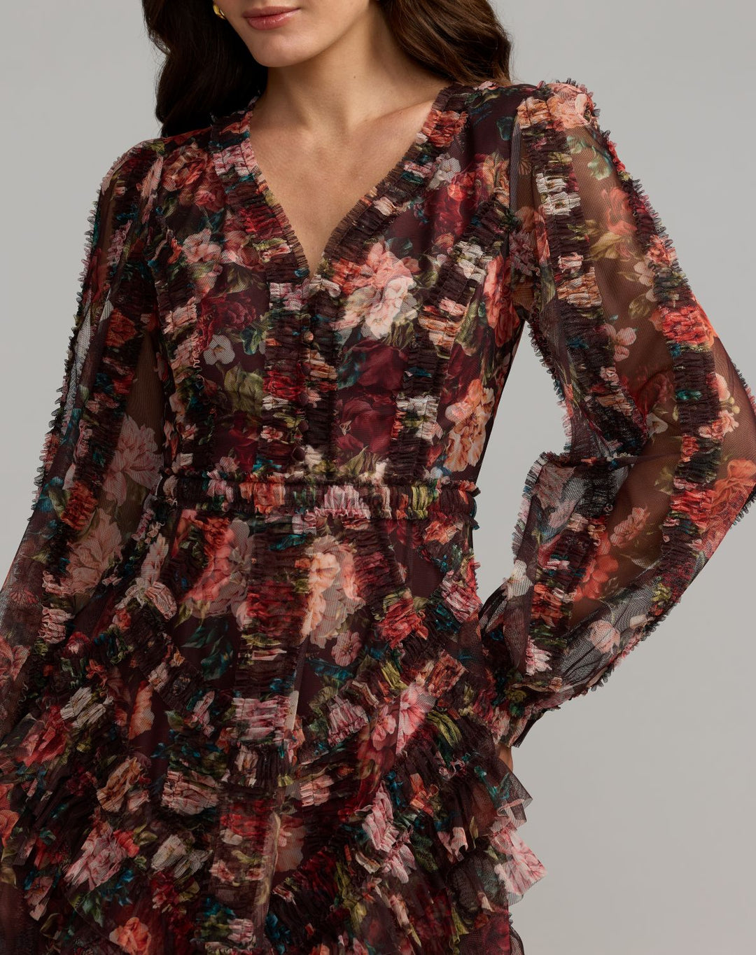 Mac Duggal 8509 Floral Long Sleeve Mirco Ruffle Midi Dress