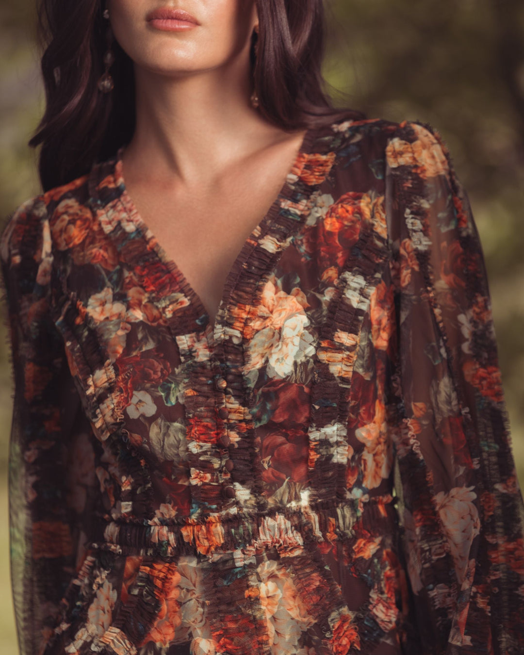Mac Duggal 8509 Floral Long Sleeve Mirco Ruffle Midi Dress