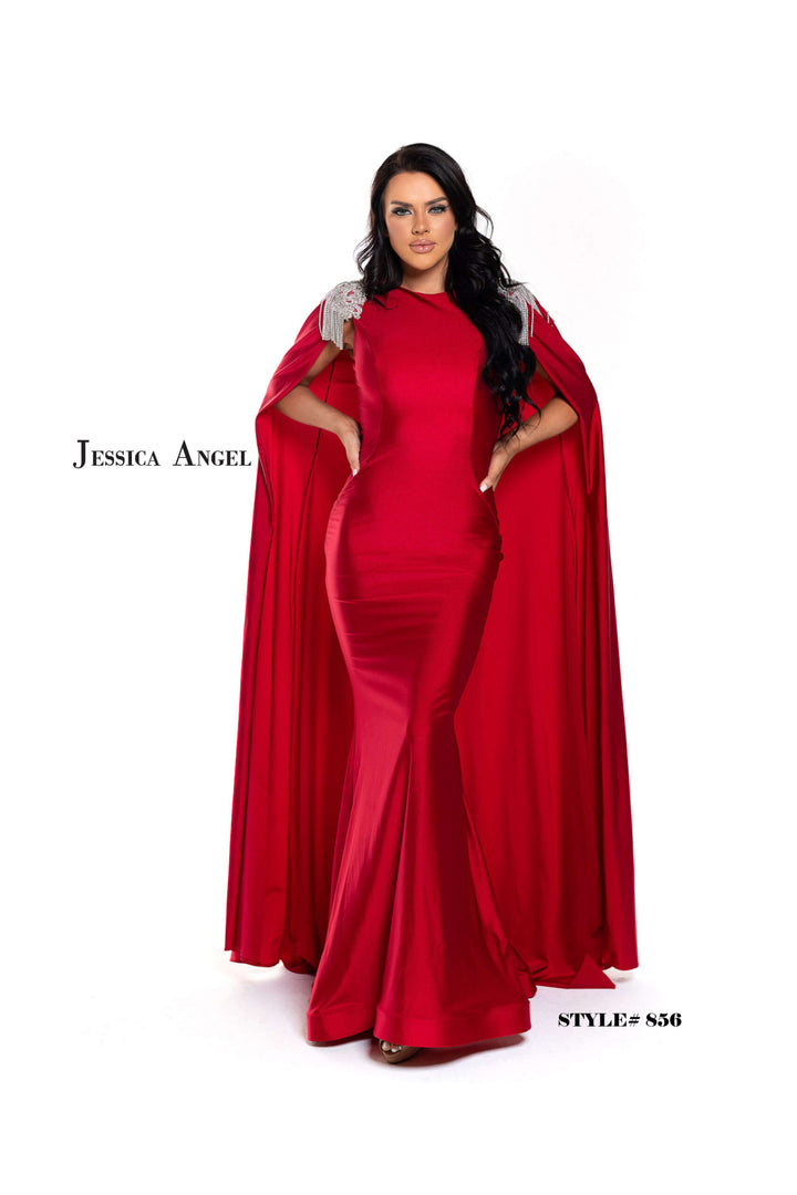 Jessica Angel 856 high neck cape jersey mermaid gown front view