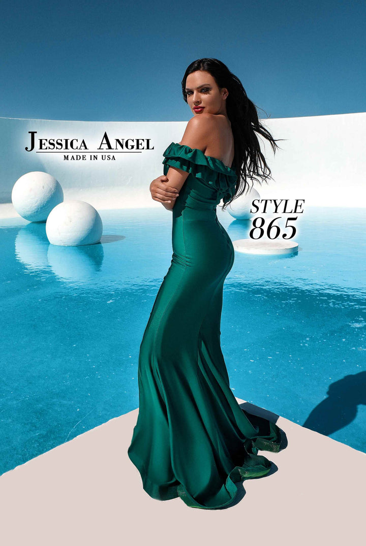 Jessica Angel 865 off shoulder ruffle jersey mermaid gown alternate view 3