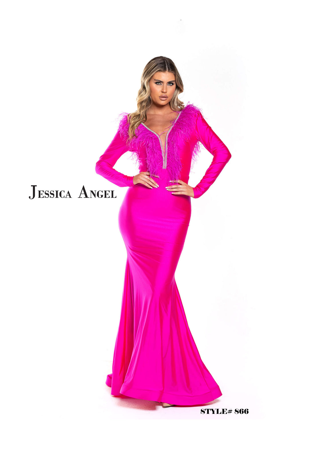 Jessica Angel 866 long sleeve feather shoulder jersey mermaid gown front view