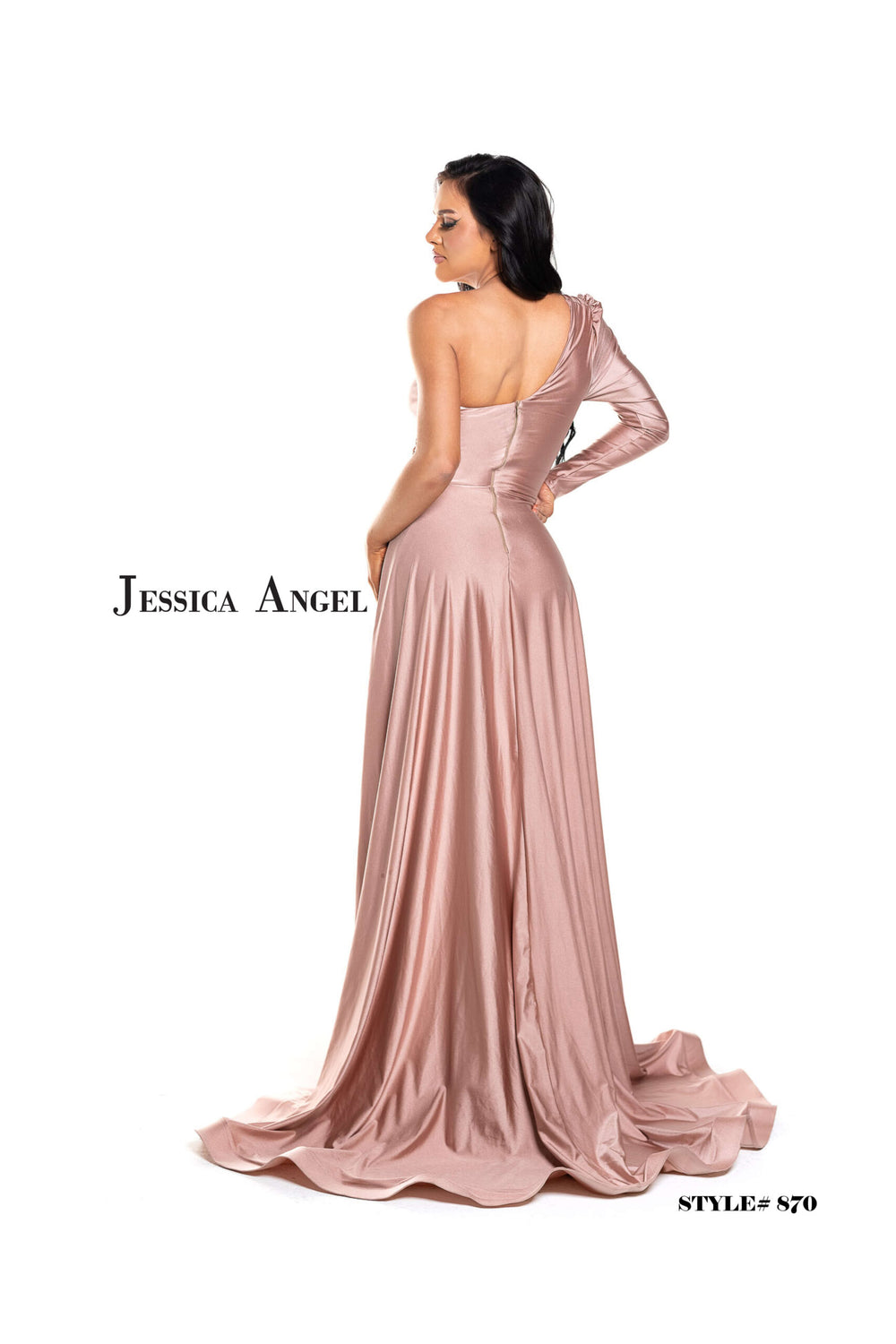 Jessica Angel 870 draped jersey gown with embellished sleeve back view