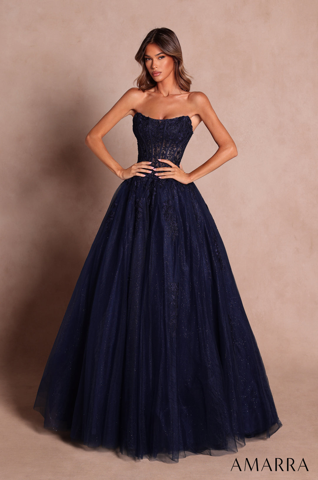 AMARRA 88913 Strapless Glitter Tulle Prom Dress 2026