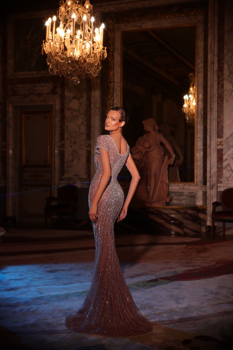 Chic & Holland HF110626 Square Neckline Cap Sleeves Plunging Illusion Linear Beaded Sheath Couture Dress