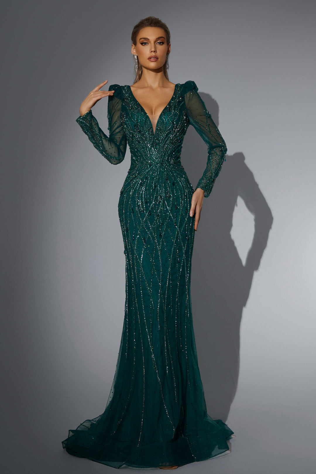 Delilah HM330 Plunging V-Neck Long Sleeve Beaded Mermaid Gown - Emerald front view