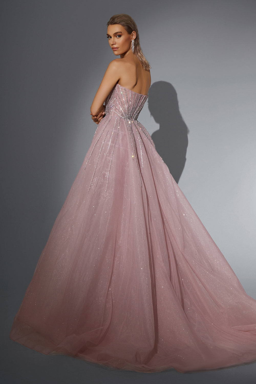 Delilah HM406 Strapless Sweetheart Beaded Column Gown with Sparkle Overskirt and Slit - Pink back view