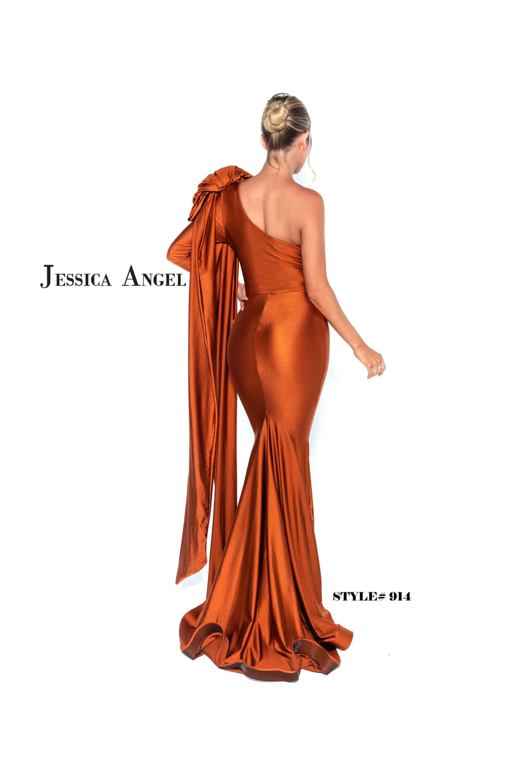Jessica Angel 914 one shoulder bow jersey mermaid gown back view