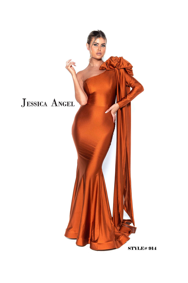 Jessica Angel 914 one shoulder bow jersey mermaid gown front view