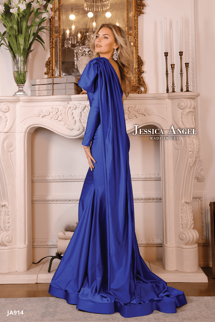 Jessica Angel 914 one shoulder bow jersey mermaid gown alternate view 3