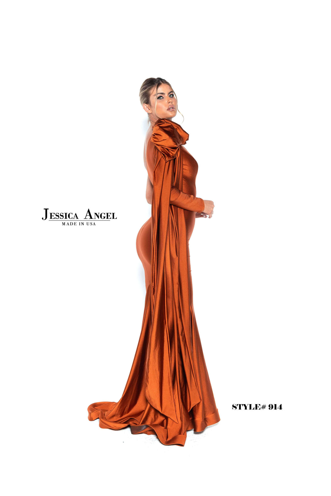 Jessica Angel 914 one shoulder bow jersey mermaid gown alternate view 5