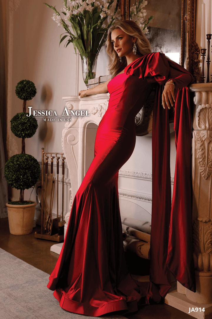 Jessica Angel 914 one shoulder bow jersey mermaid gown alternate view 2