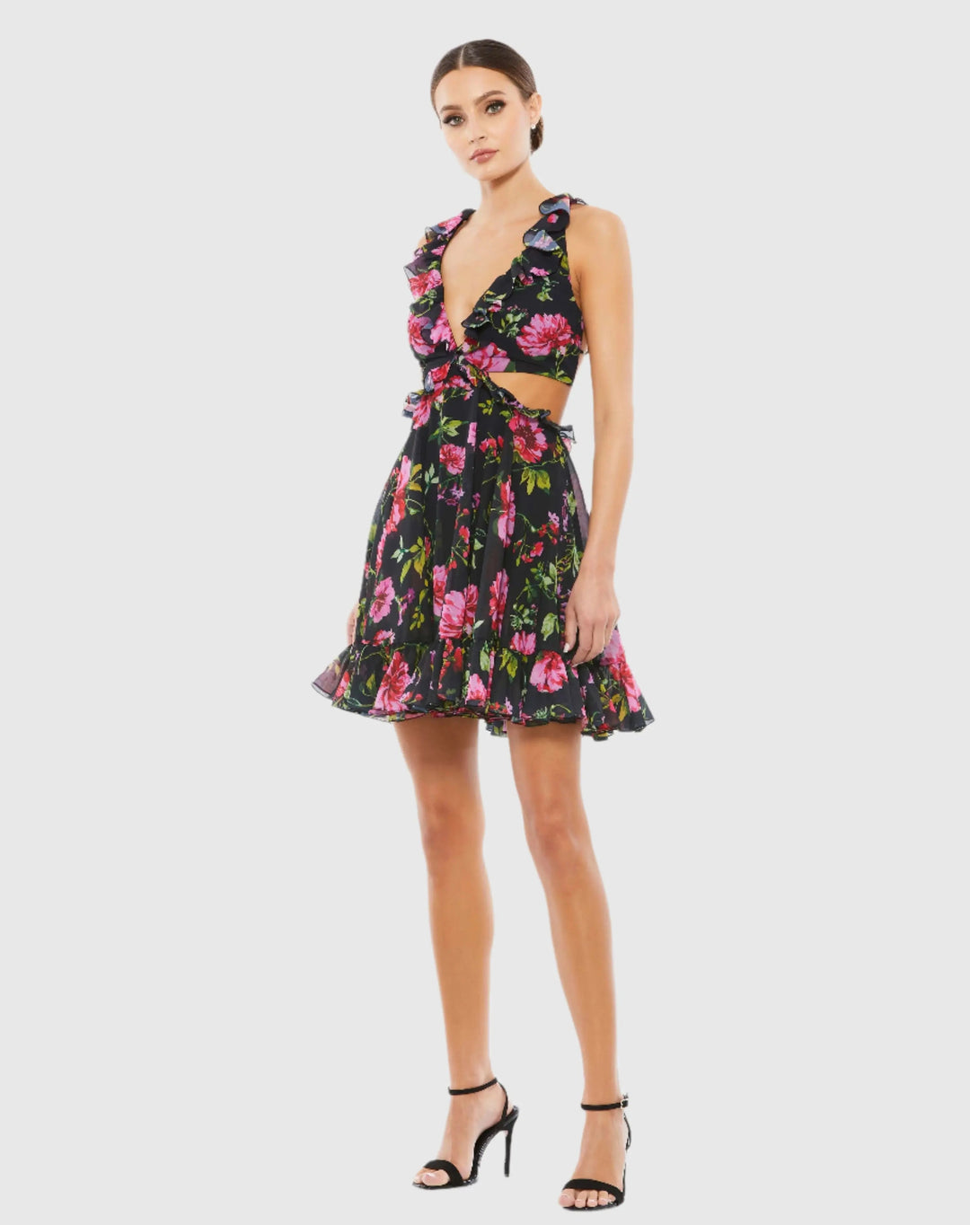 Mac Duggal 9155 Black Ruffle Cut Out Lace Up Flowy Mini Dress