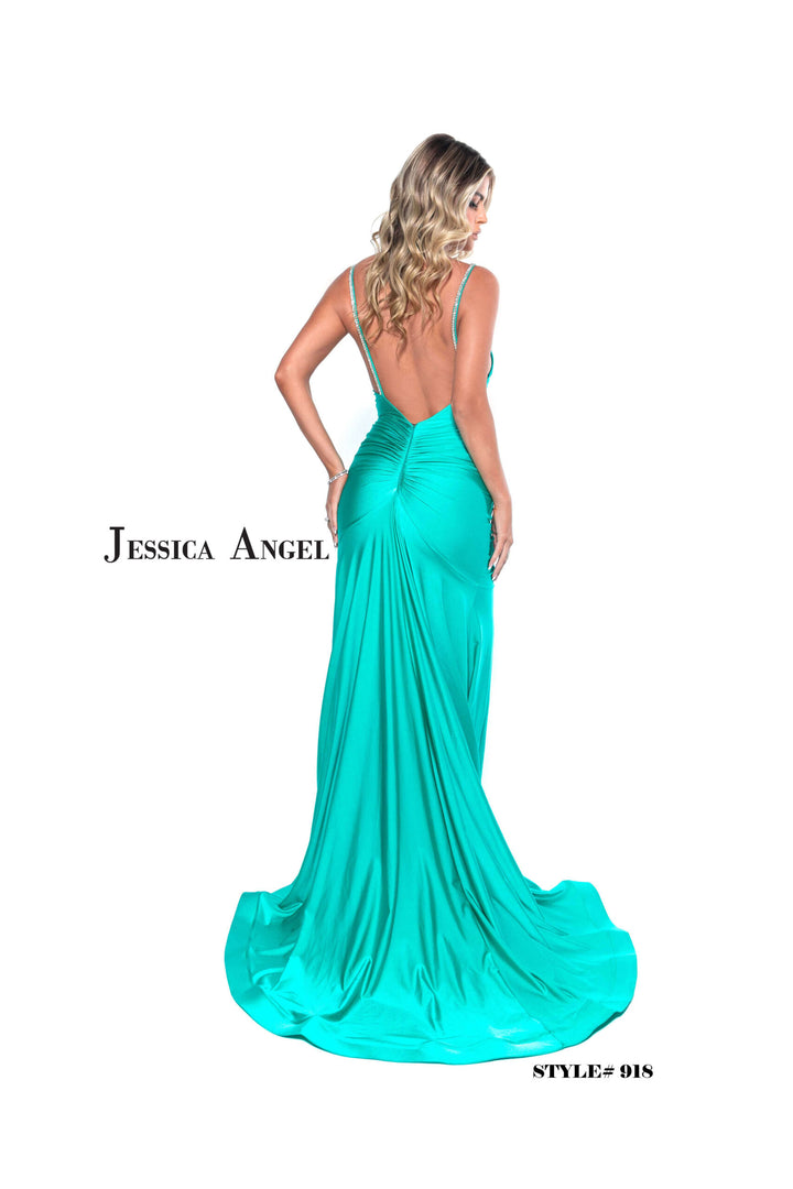 Jessica Angel 918 V-neck ruched jersey gown with slit back view