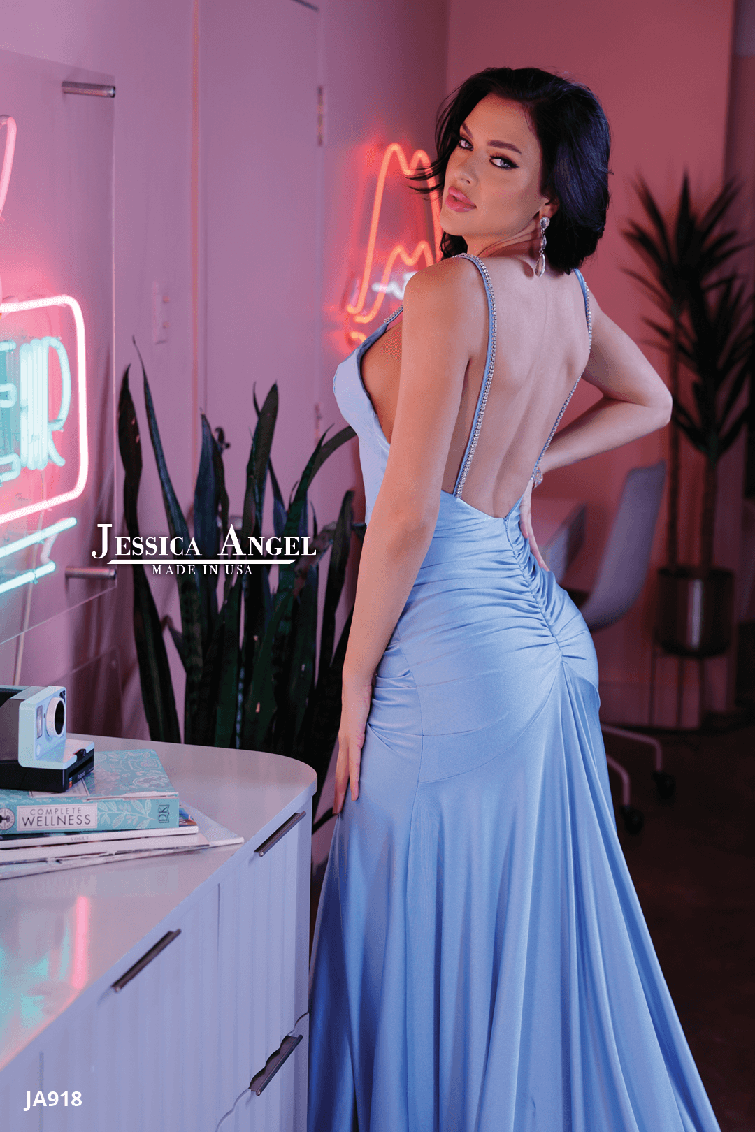 Jessica Angel 918 V-neck ruched jersey gown with slit alternate view 3