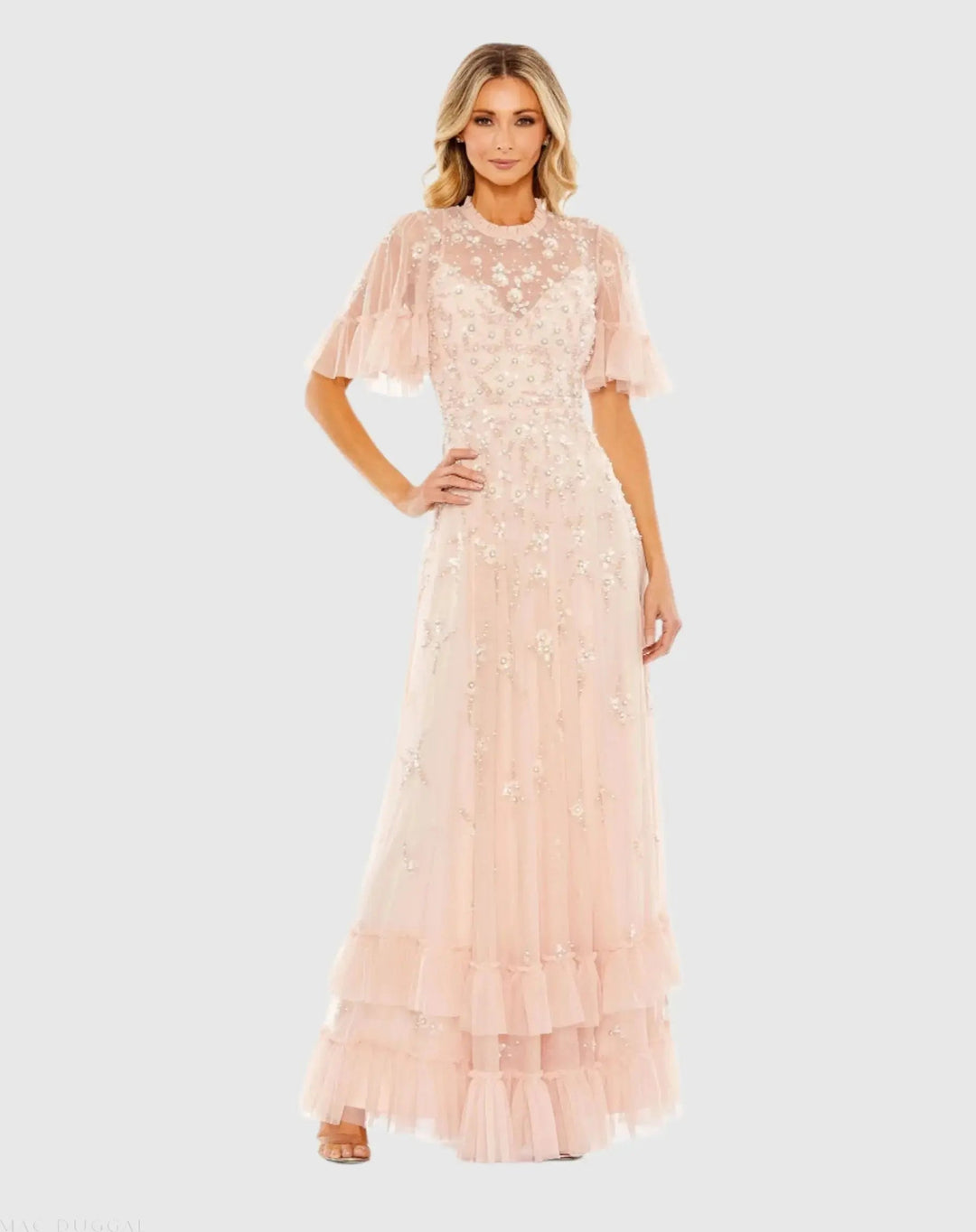 Mac Duggal 9199 Light Pink Floral Embellished Flutter Sleeve A-Line Gown