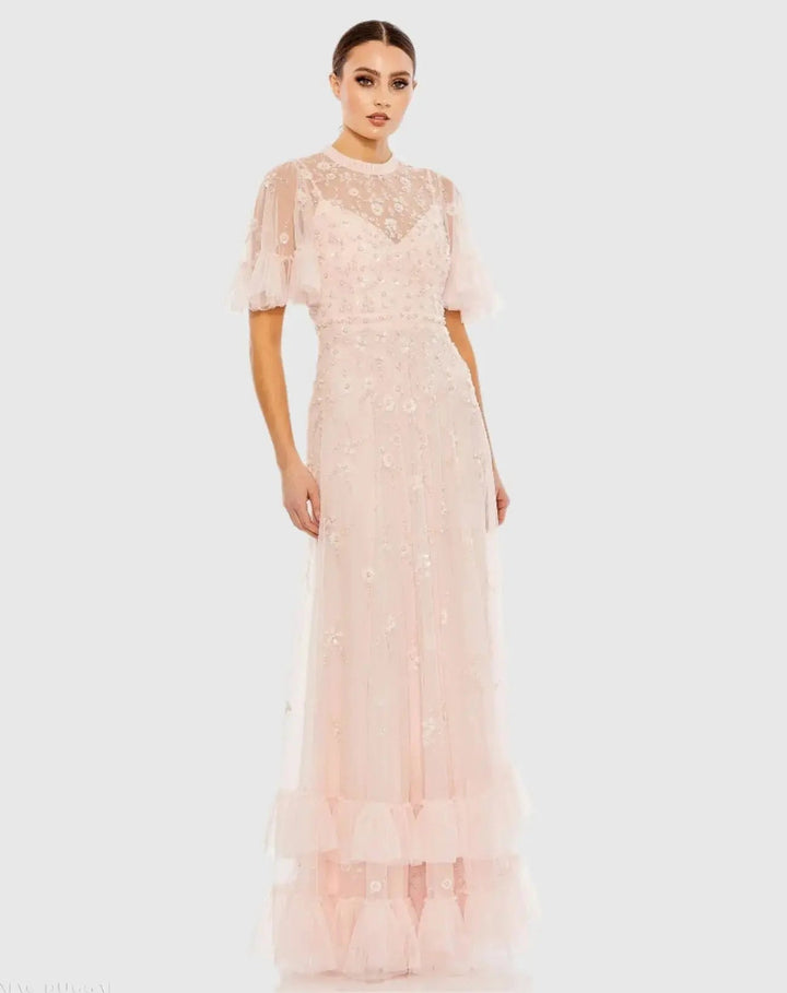 Mac Duggal 9199 Light Pink Floral Embellished Flutter Sleeve A-Line Gown