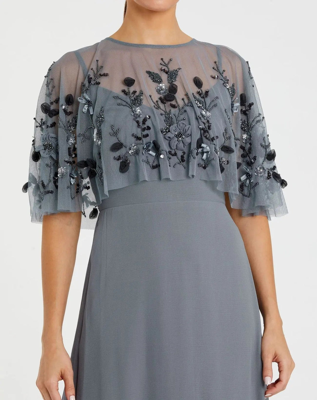 Mac Duggal 9229 Gray Sleeveless Gown With Embellished Cape