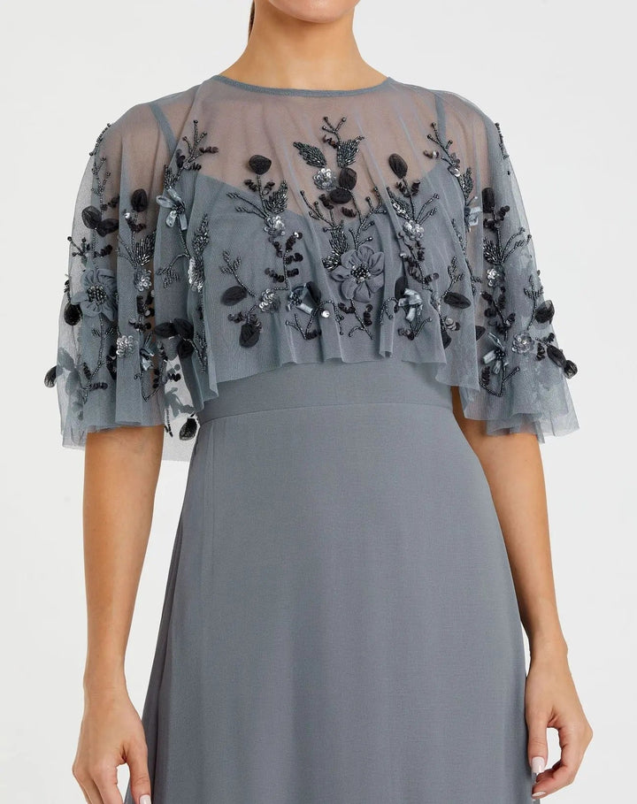 Mac Duggal 9229 Gray Sleeveless Gown With Embellished Cape