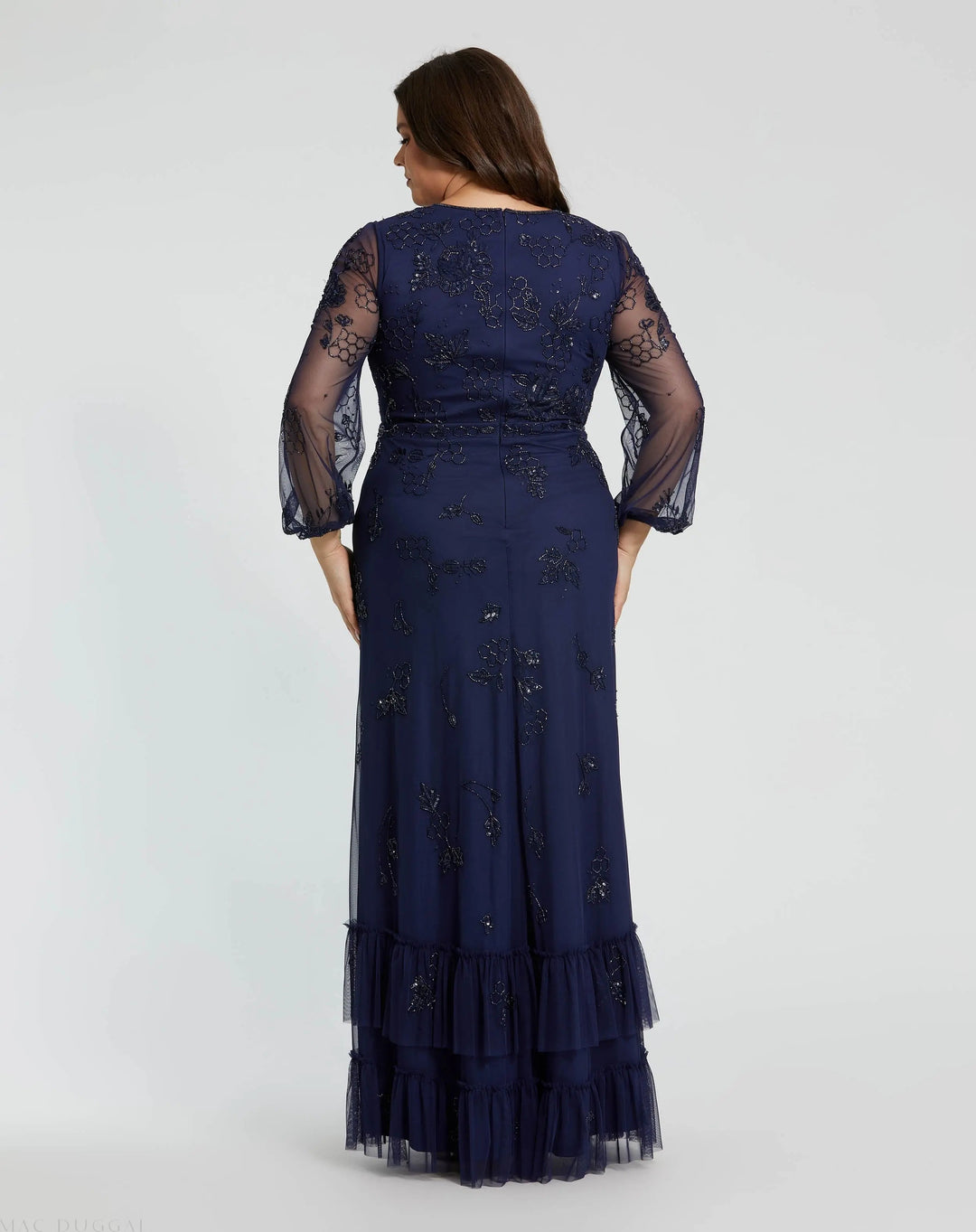 Mac Duggal 9247 Gray Long Sleeve Embellished V-Neck Gown (Plus)