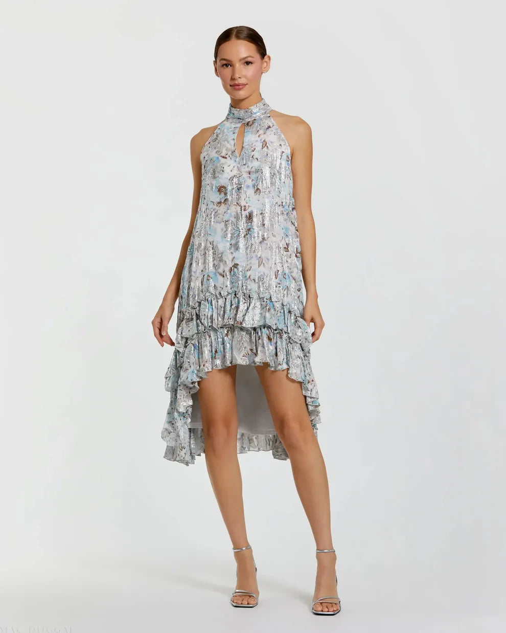 Mac Duggal 9314 Floral High Neck Keyhole Ruffle Mini Dress