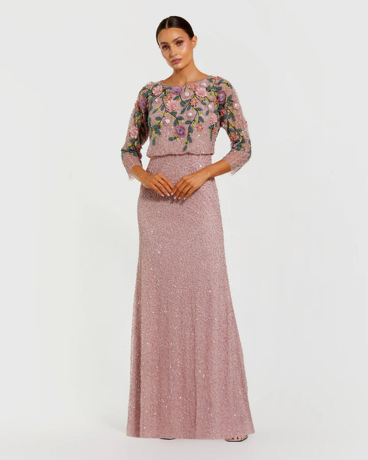 Purple Floral Embellished Long Sleeve Gown - FOSTANI.com