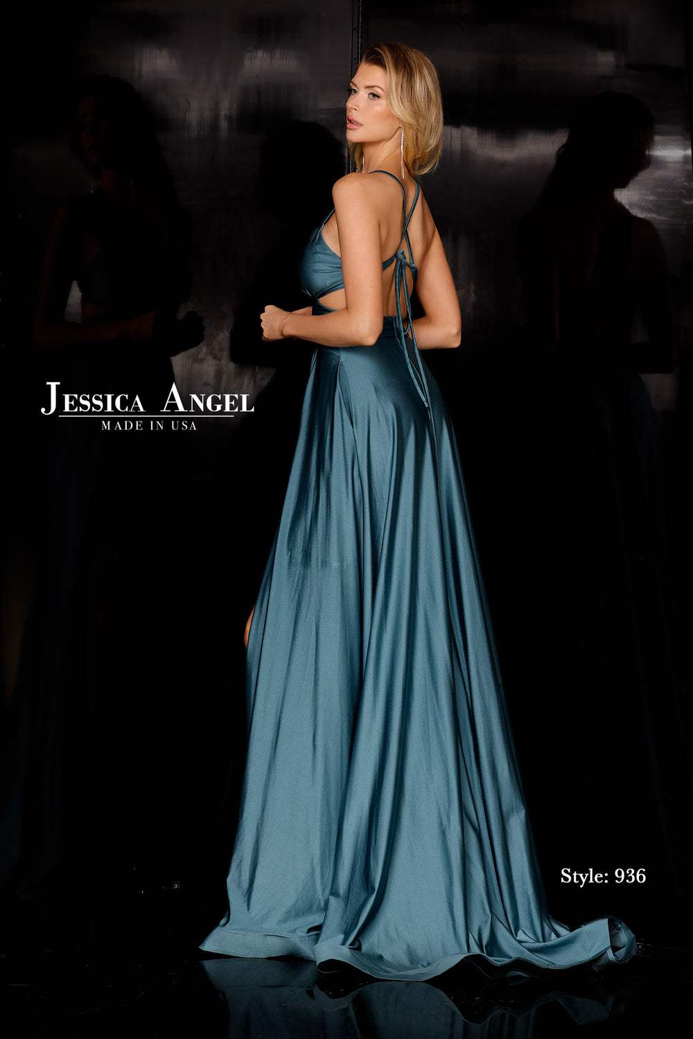 Jessica Angel 936 V-neck jersey A-line gown with side cutouts back view