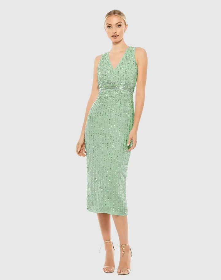 Mac Duggal 70267 Green Sequined Sleeveless V-Neck Midi Sheath Dress
