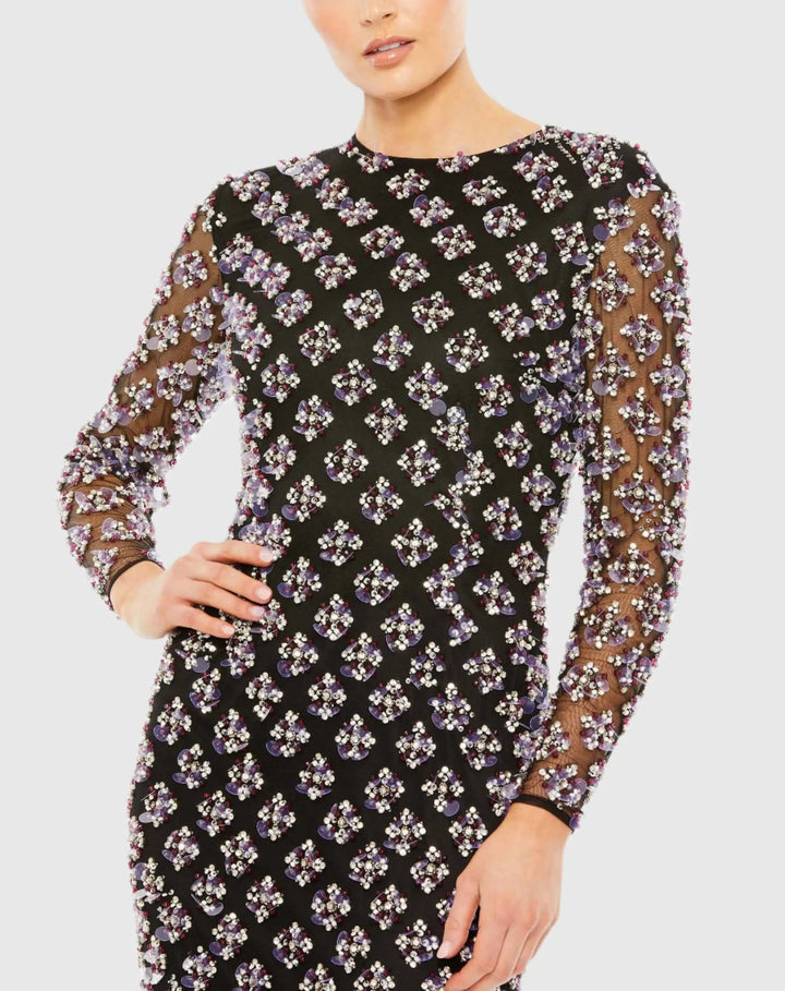 Mac Duggal 93618 Long Sleeve Hand Beaded Crystal Rhinestone Gown