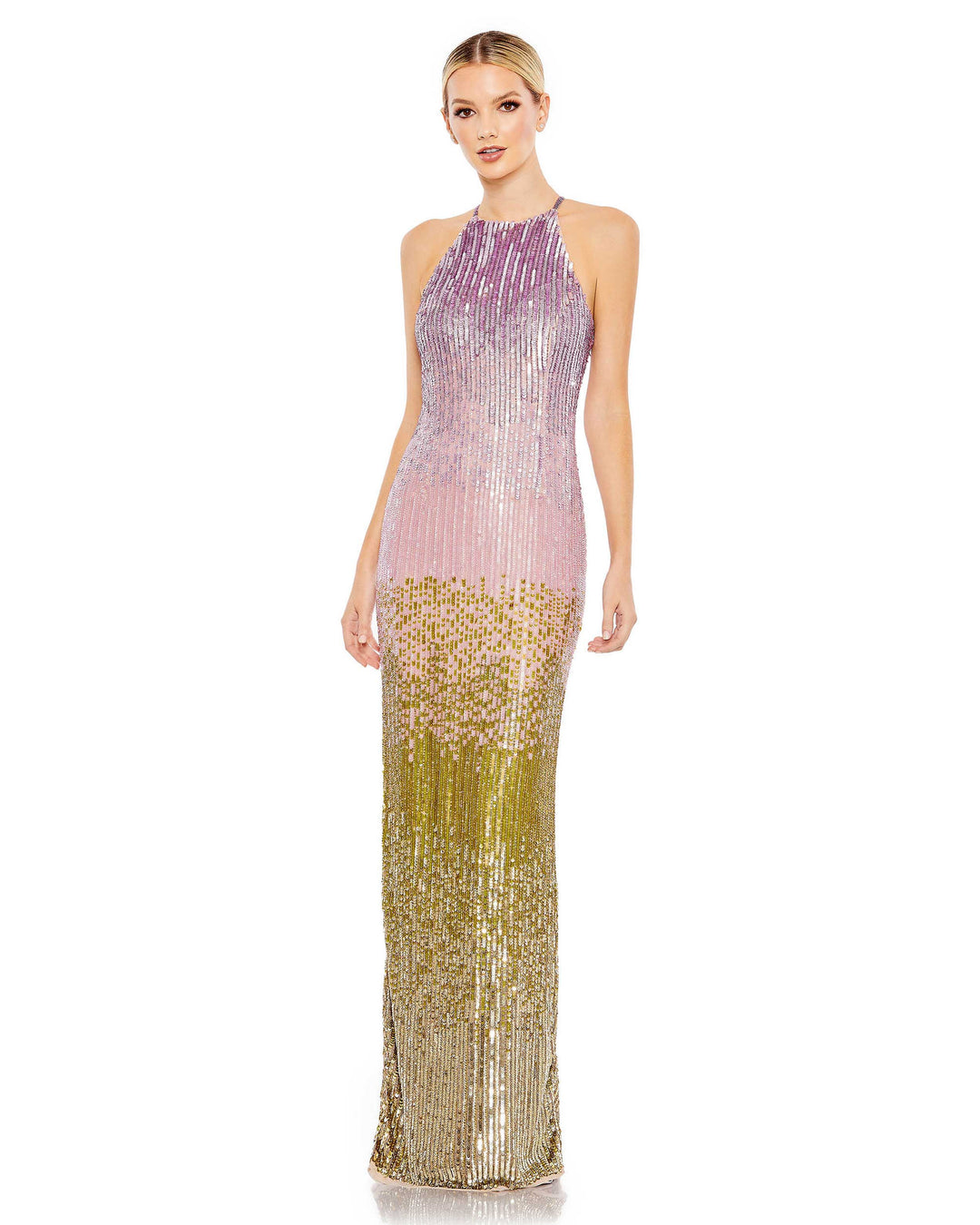 Ombre Sequined Halter Neck Column Gown - FOSTANI