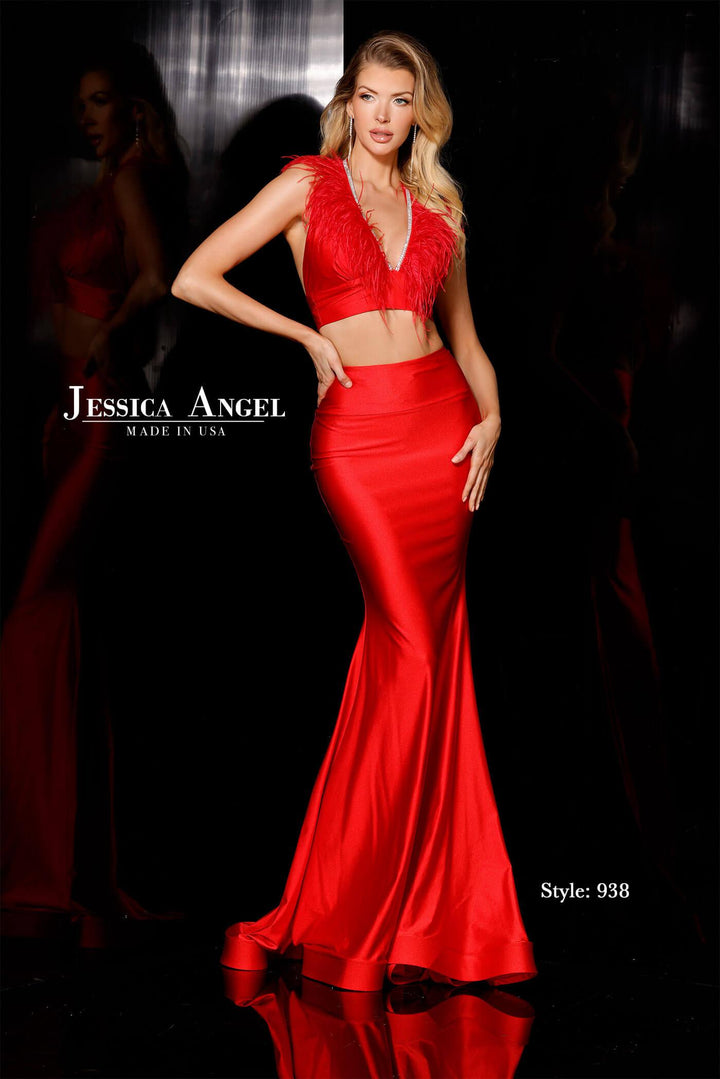 Jessica Angel 938 two piece feather top jersey mermaid gown front view