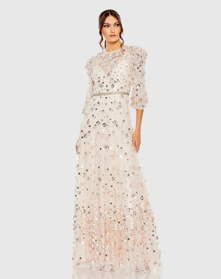 Mac Duggal 93805 Floral Applique Puff Sleeve High Neck A-Line Gown
