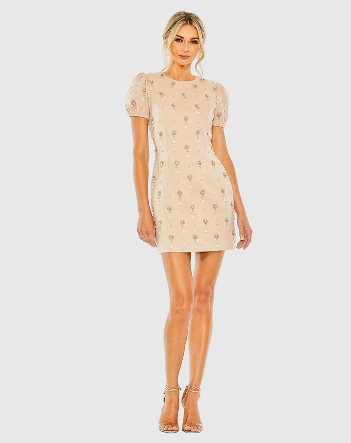 Mac Duggal 93836 Beige Crystal Embellished Short Sleeve Mini Dress