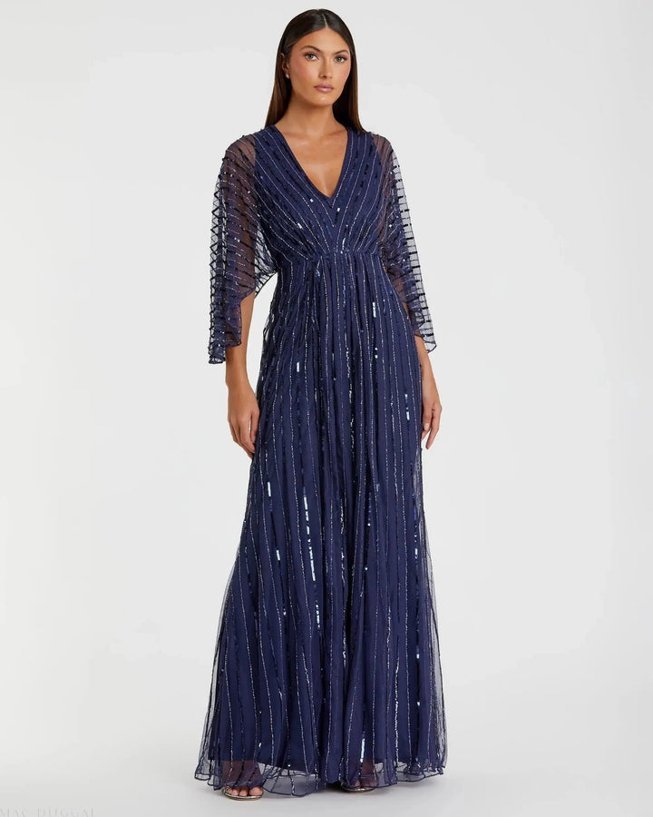 Mac Duggal 93841 Navy Beaded Striping Kimono Sleeve V Neck Gown